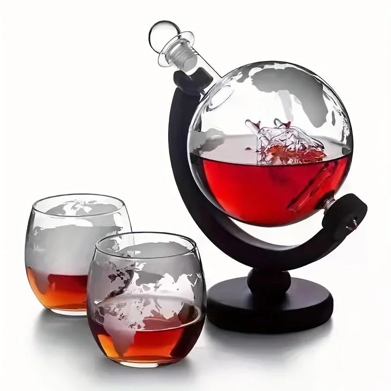 Globe Shaped Whiskey Decanter Borosilicate Glass with Wood Base Unique Wine Aerator Bottle Gift for Home Bar Decor