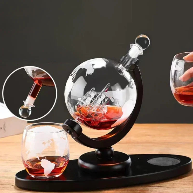 Globe Shaped Whiskey Decanter Borosilicate Glass with Wood Base Unique Wine Aerator Bottle Gift for Home Bar Decor