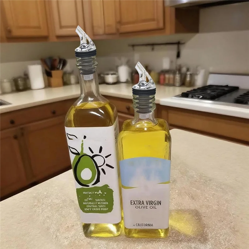 AT05-For Dispensers Compatible Olive Oil Pour Spout Set-Leak-Proof, Fits Most Bottle Sizes, Includes 8 Black Lids Cap
