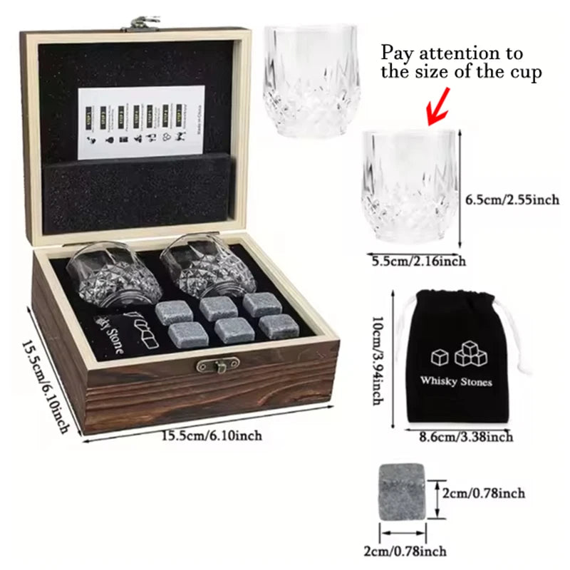 Christmas Valentine's Gift Whiskey Stones Glasses Set Granite Ice Cube For Whisky in Wooden Bottle Box Present For Dad Husband