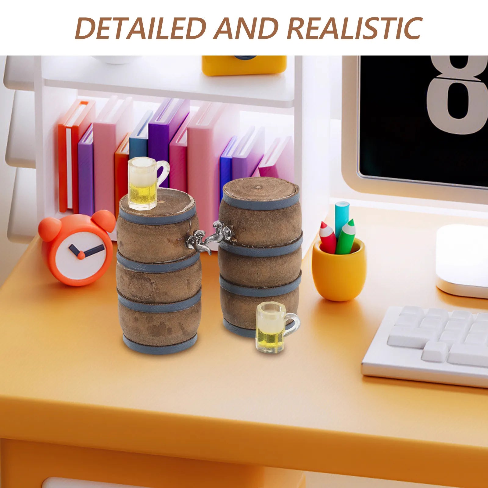 2Sets Miniature Wine Cellar Decoration Vintage Wooden Beer Barrel Faucet Wine Glass Mini Bar Drink Accessories Miniature