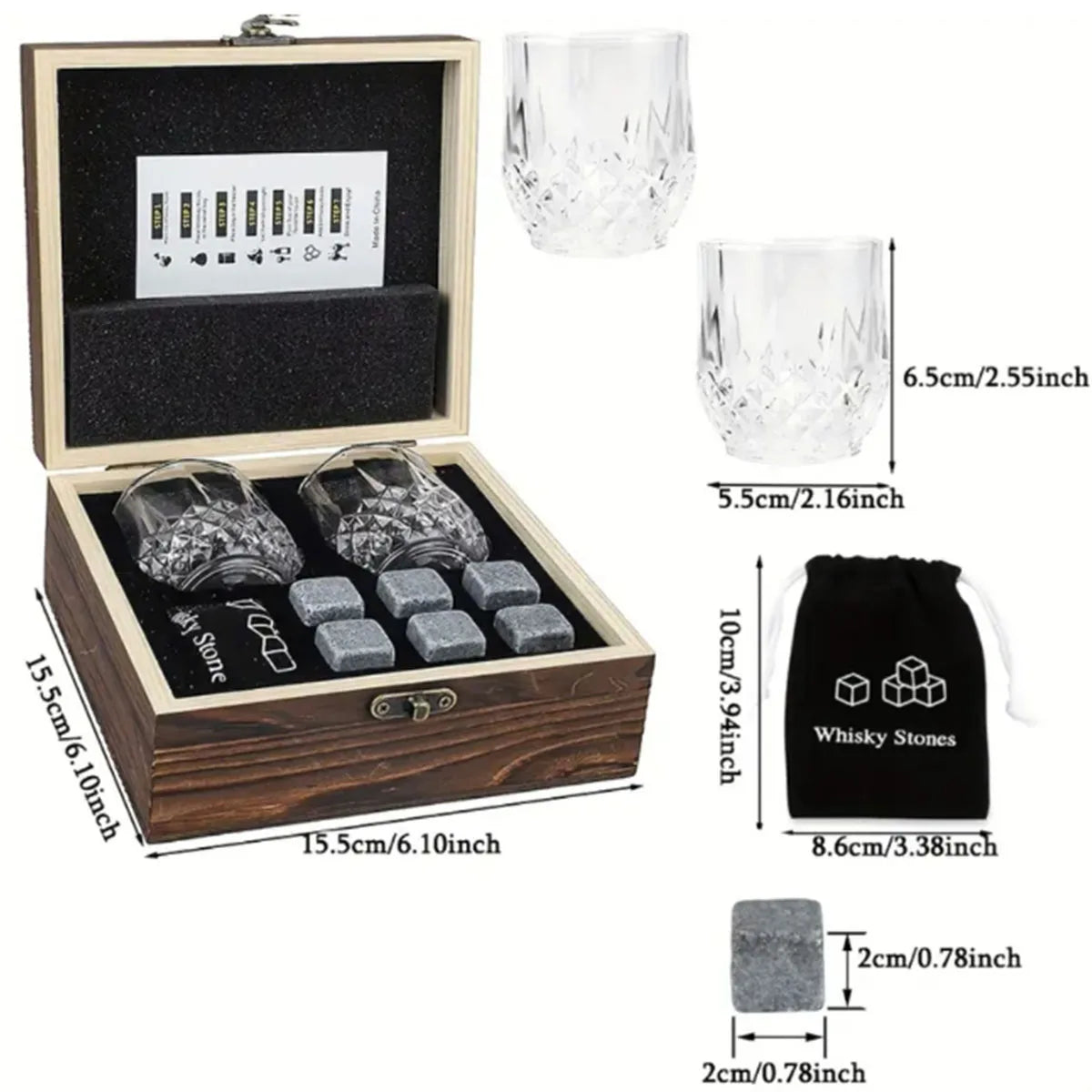 Christmas Valentine's Gift Whiskey Stones Glasses Set Granite Ice Cube For Whisky in Wooden Bottle Box Present For Dad Husband