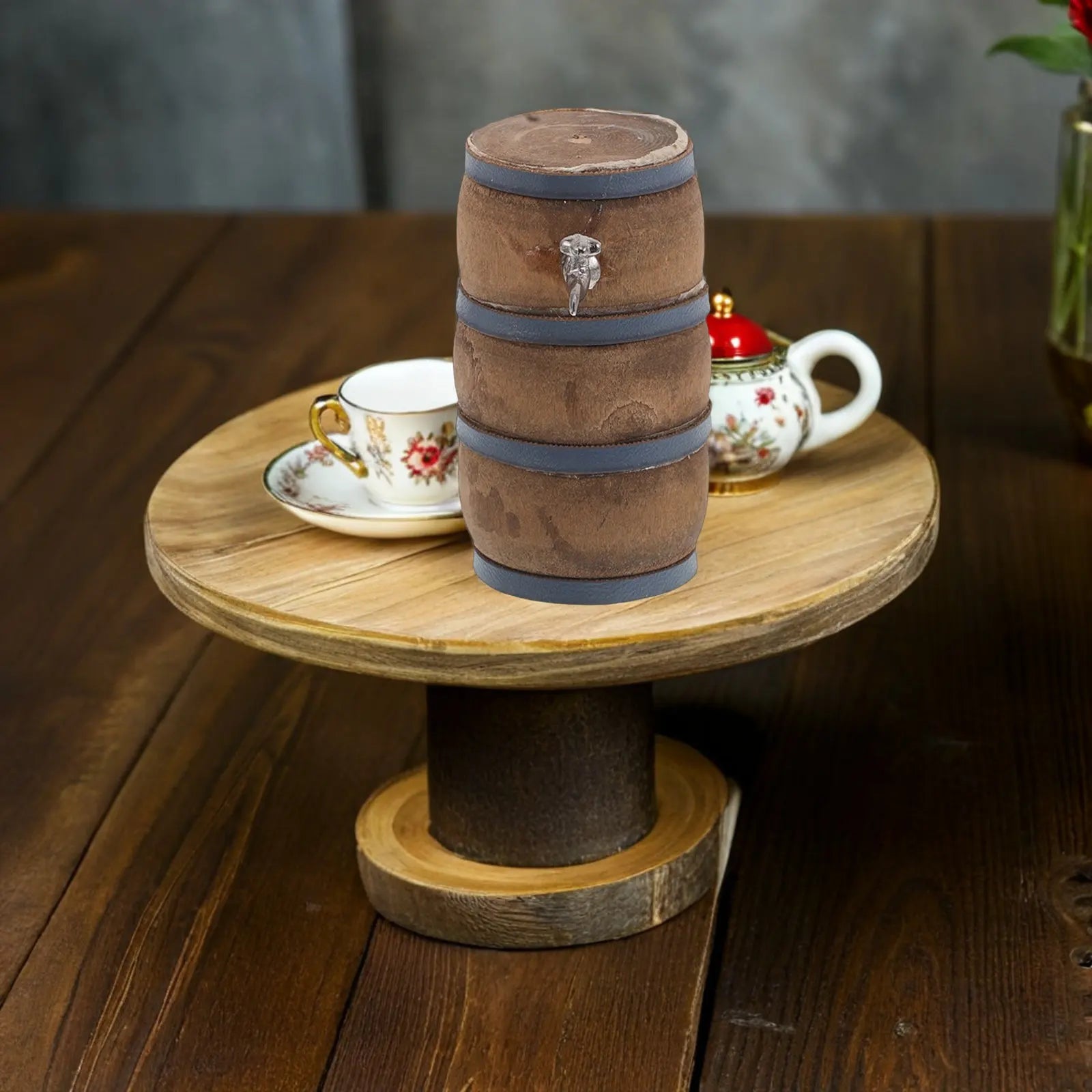 2Sets Miniature Wine Cellar Decoration Vintage Wooden Beer Barrel Faucet Wine Glass Mini Bar Drink Accessories Miniature