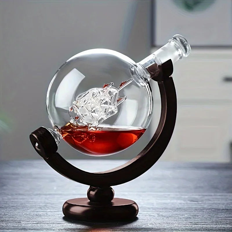 Globe Shaped Whiskey Decanter Borosilicate Glass with Wood Base Unique Wine Aerator Bottle Gift for Home Bar Decor