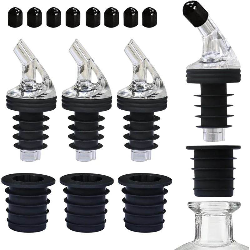 AT05-For Dispensers Compatible Olive Oil Pour Spout Set-Leak-Proof, Fits Most Bottle Sizes, Includes 8 Black Lids Cap