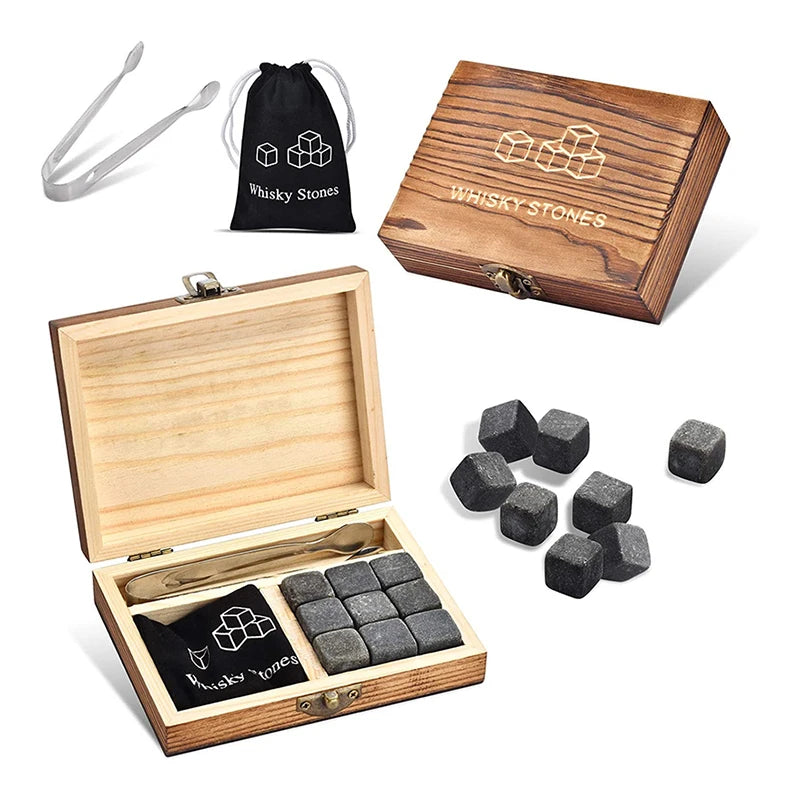 9 PCS Whisky Ice Stones Reusable Ice Cubes Bar Tools Whiskey Cooling Ice Stones Gifts For Whisky Lovers Stone Wooden Box Set