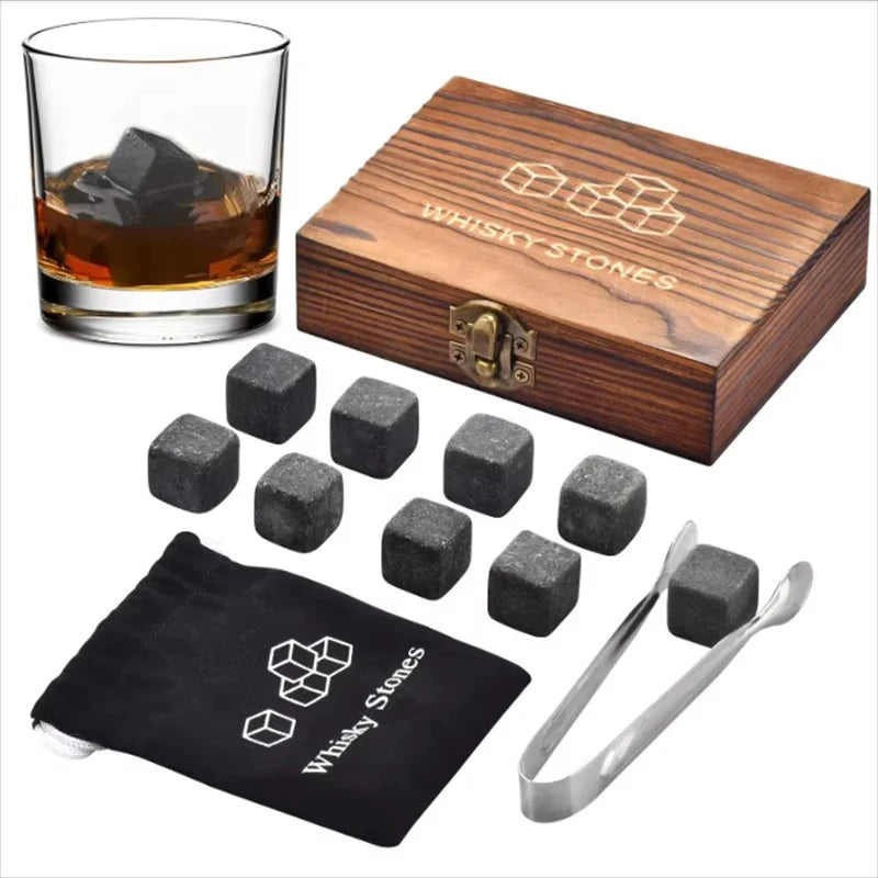9 PCS Whisky Ice Stones Reusable Ice Cubes Bar Tools Whiskey Cooling Ice Stones Gifts For Whisky Lovers Stone Wooden Box Set