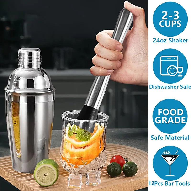 12PCS Cocktail Shaker Set Professional Mixology Bartender Kit With Bamboo Stand Stainless Steel Bar Set For Home Barware Set