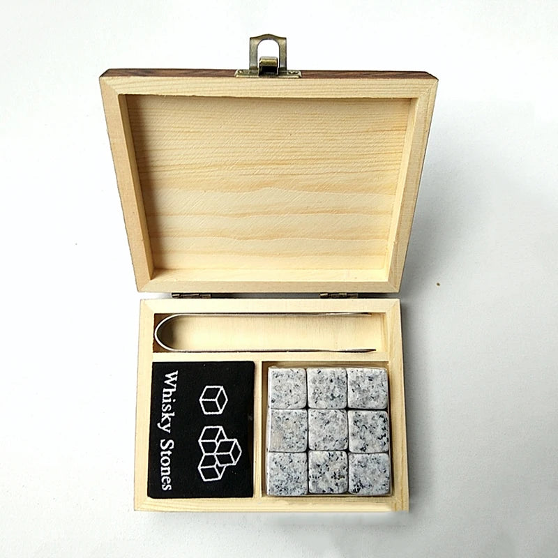 9 PCS Whisky Ice Stones Reusable Ice Cubes Bar Tools Whiskey Cooling Ice Stones Gifts For Whisky Lovers Stone Wooden Box Set